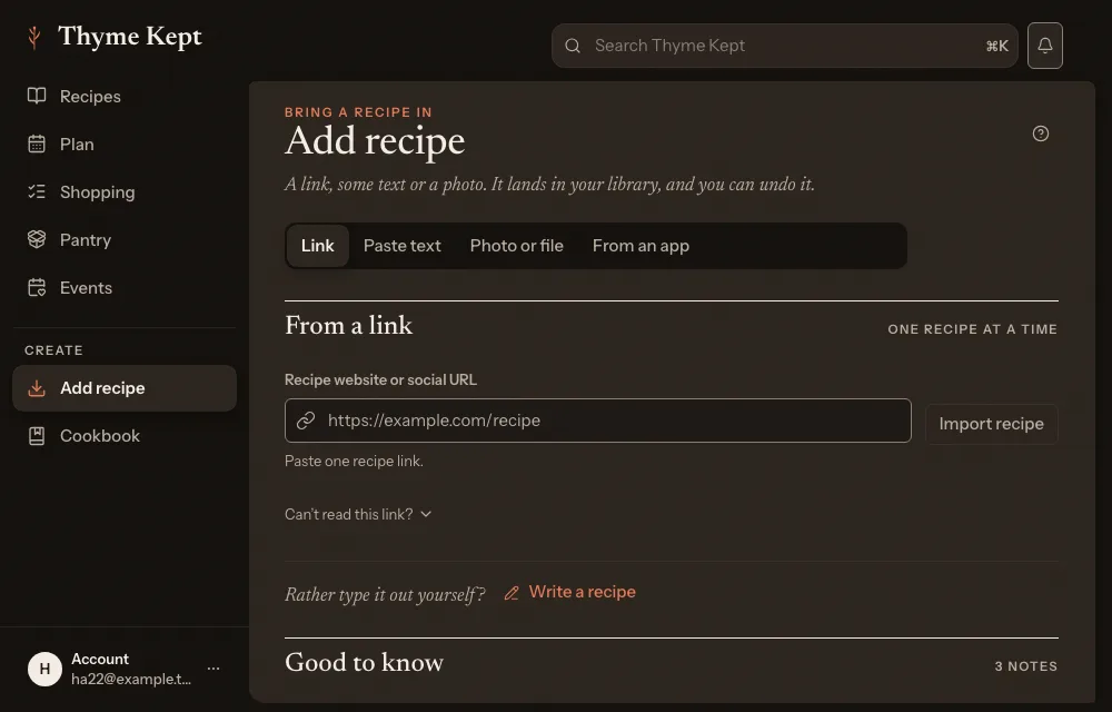 The Add recipe page, with its tabs along the top