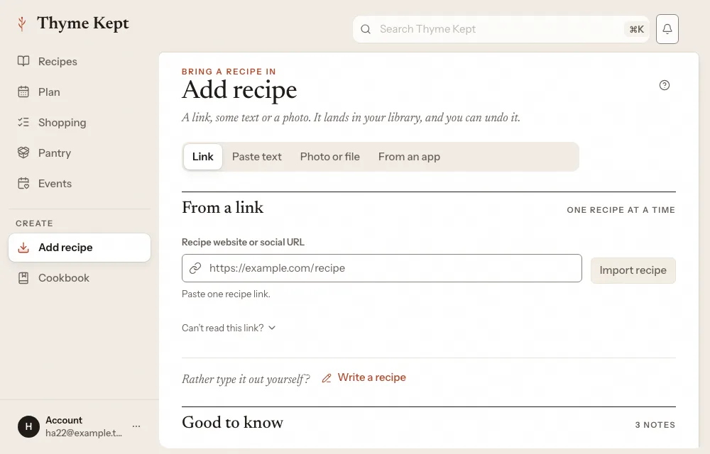 The Add recipe page, with its tabs along the top