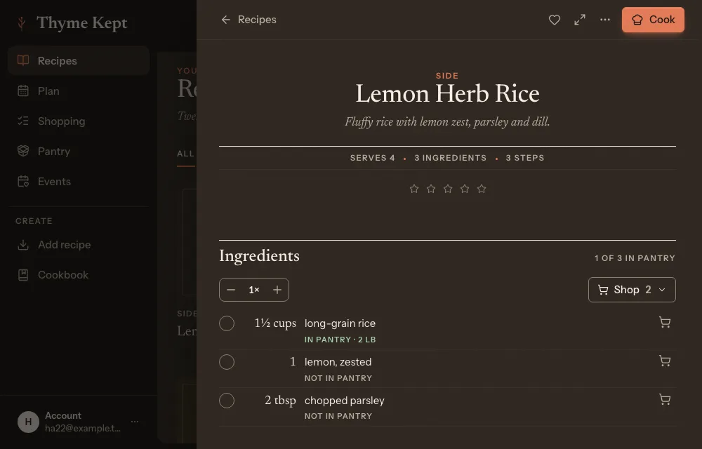 A recipe page with the Cook button at the top right