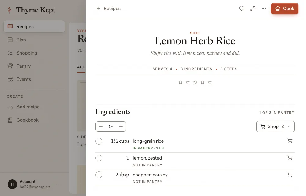 A recipe page with the Cook button at the top right