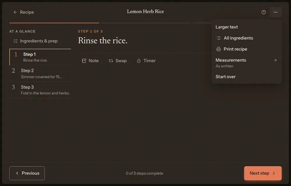 The Cooking options menu