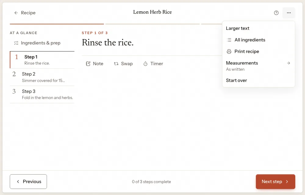The Cooking options menu