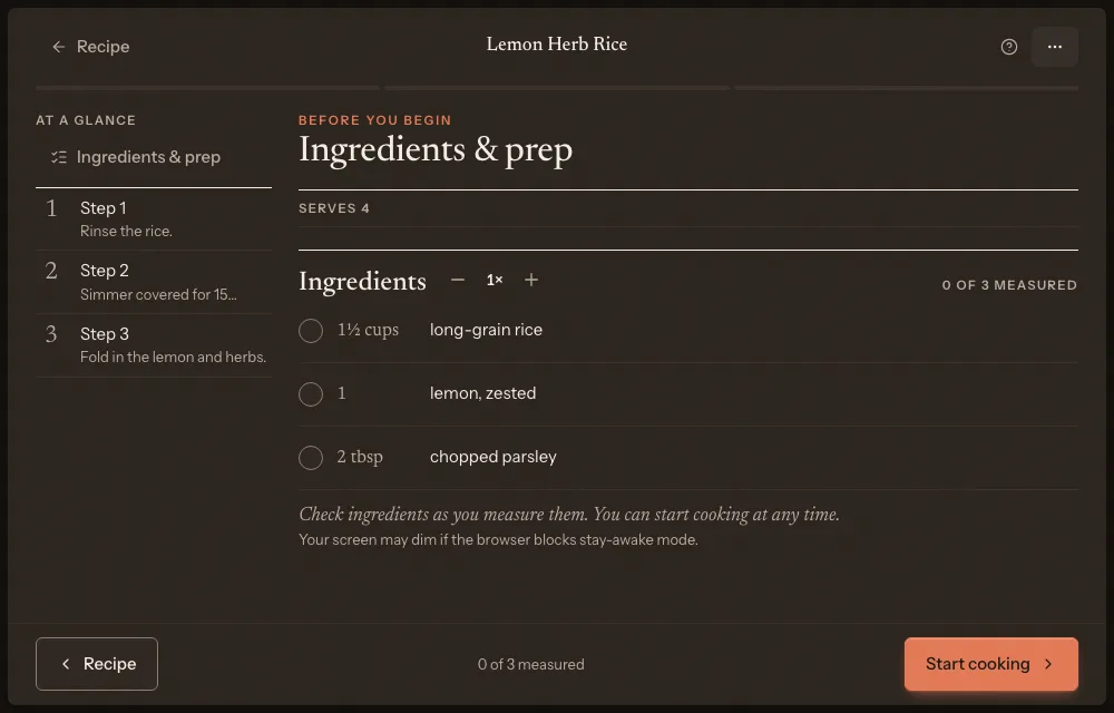 Ingredients and prep, with each ingredient to check off