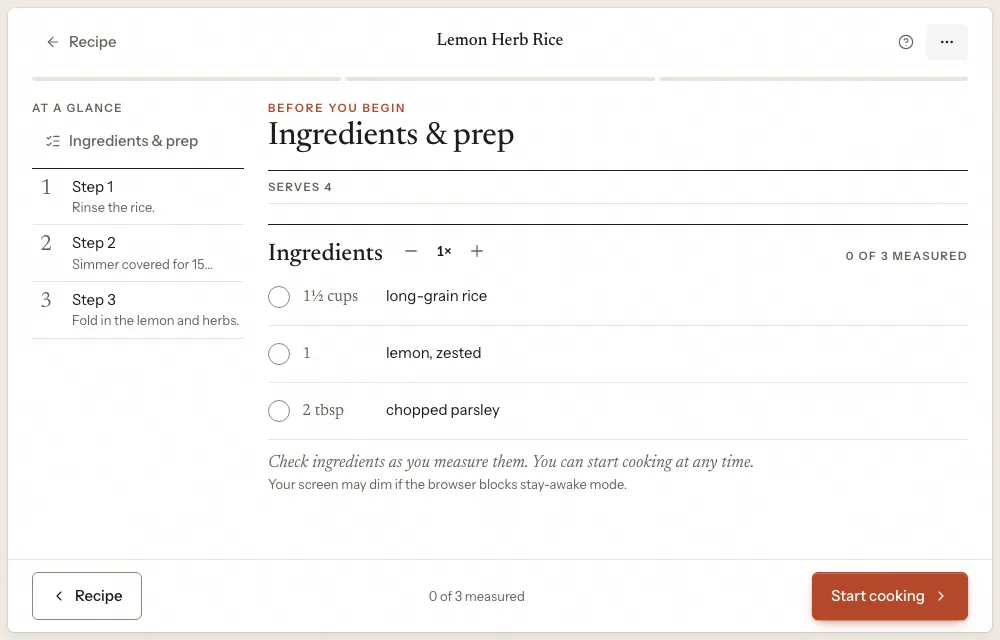 Ingredients and prep, with each ingredient to check off