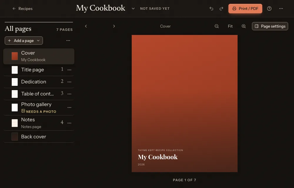 The cookbook builder with its pages, a cover and settings