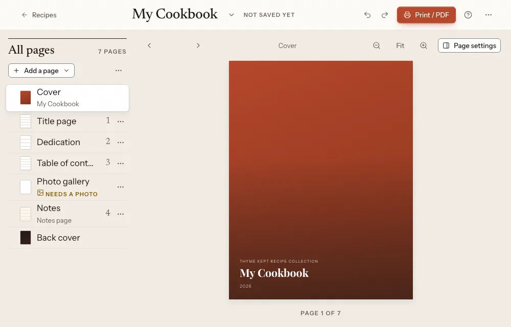 The cookbook builder with its pages, a cover and settings