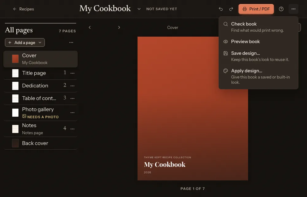 The Cookbook actions menu
