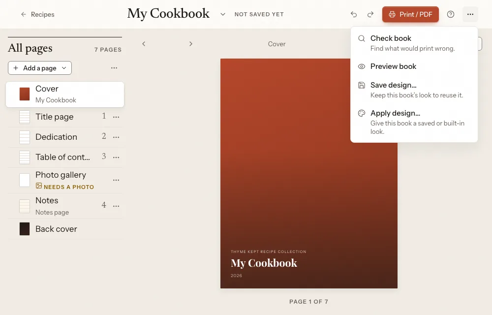 The Cookbook actions menu