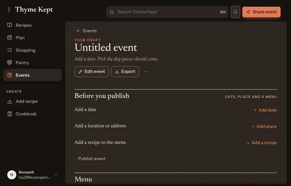 The Before you publish list on an event that is not finished yet