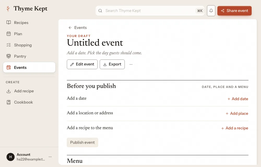 The Before you publish list on an event that is not finished yet