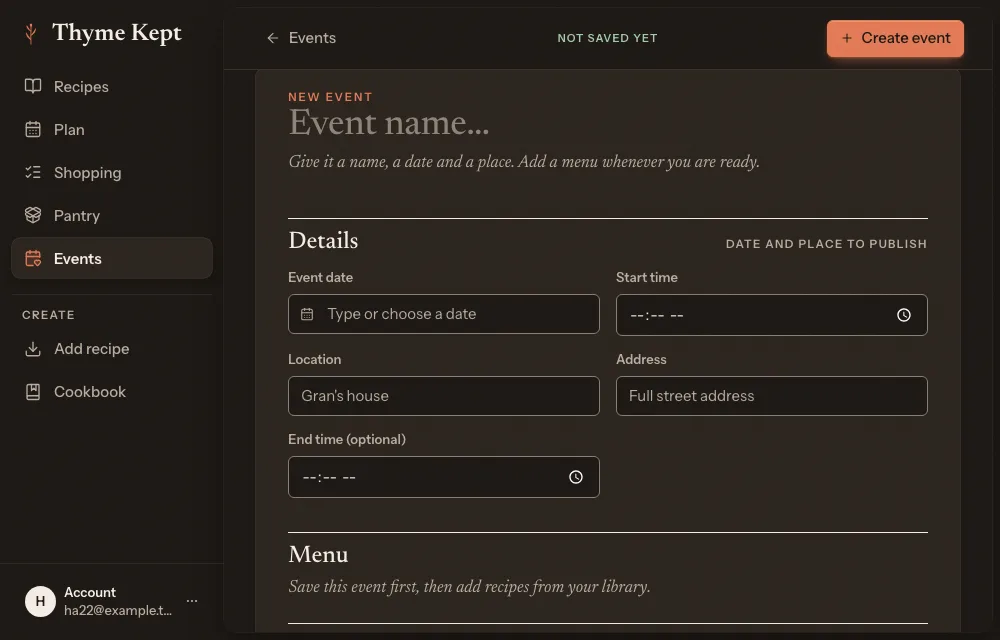 The new event page, with its details to fill in