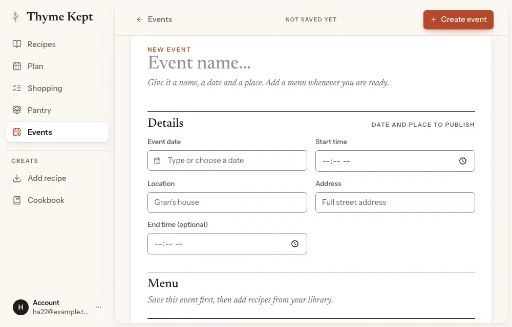 The new event page, with its details to fill in