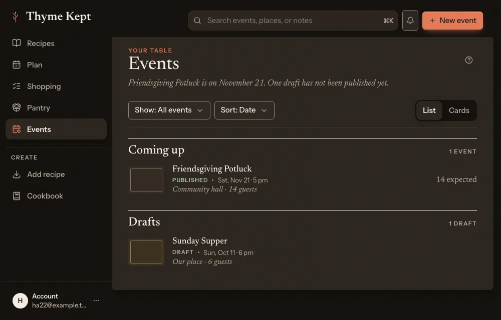 The events page, with an upcoming event and a draft