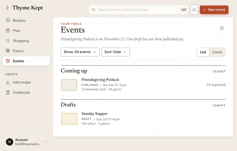 The events page, with an upcoming event and a draft