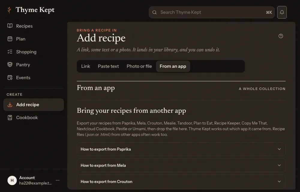 The From an app tab, with a how-to-export list for each app