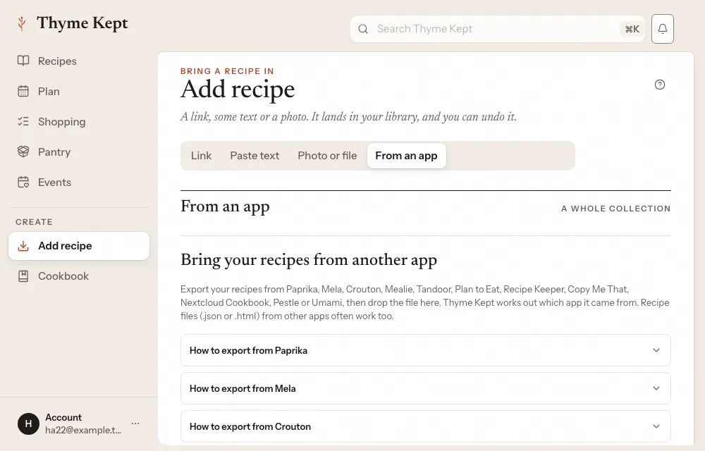 The From an app tab, with a how-to-export list for each app
