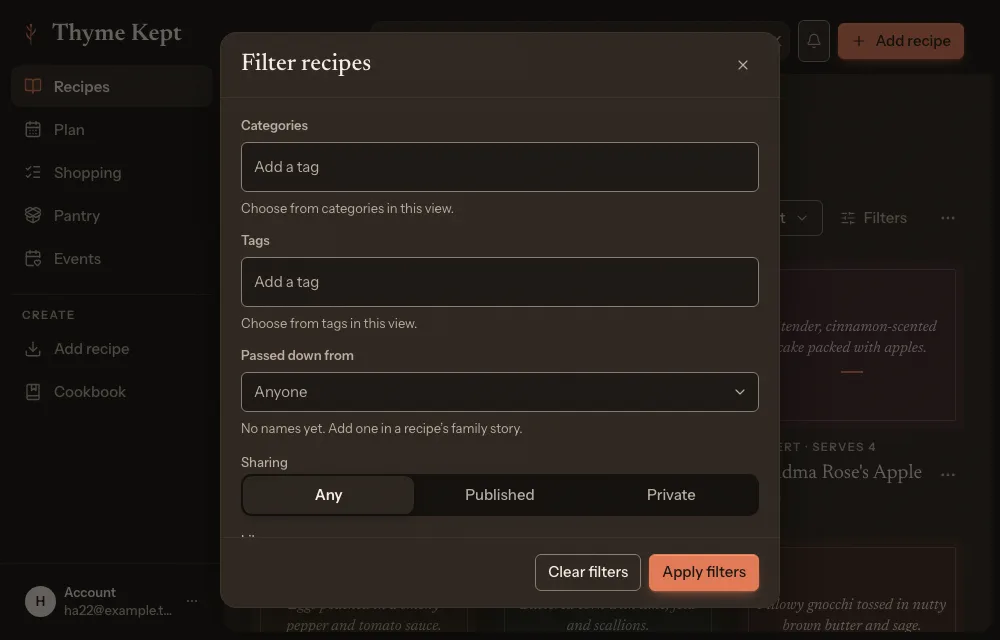 The Filter recipes sheet