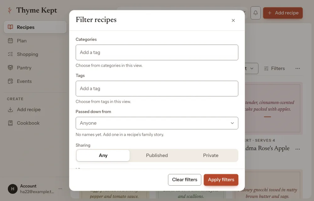 The Filter recipes sheet