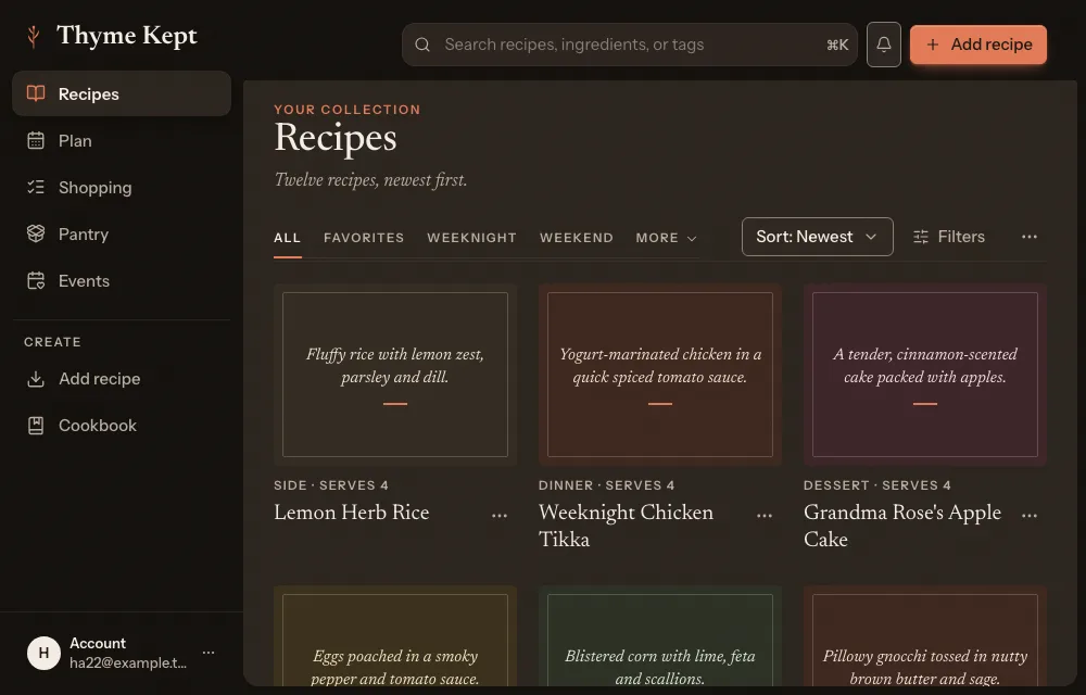 The recipe library, with recipes in a grid