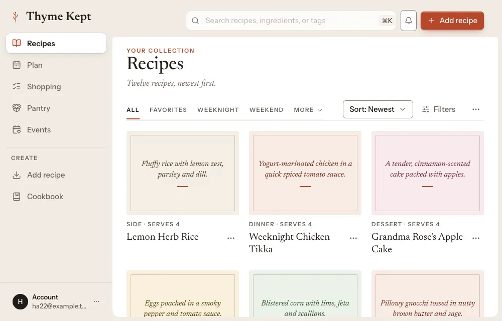 The recipe library, with recipes in a grid