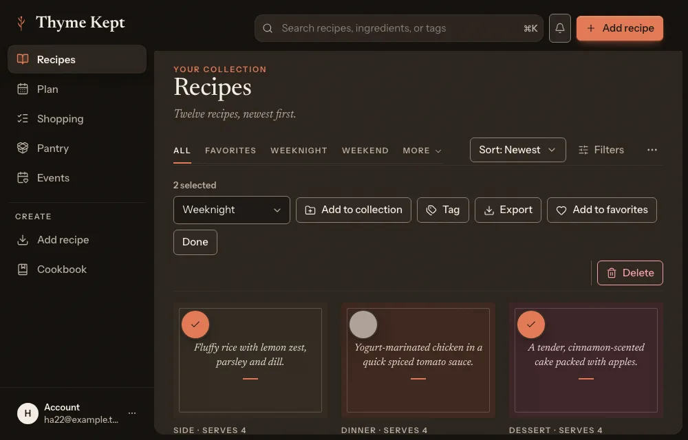 Two recipes selected, with the actions above the grid