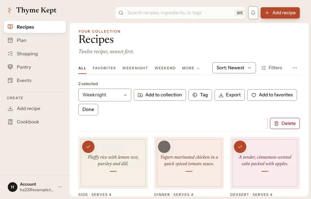 Two recipes selected, with the actions above the grid