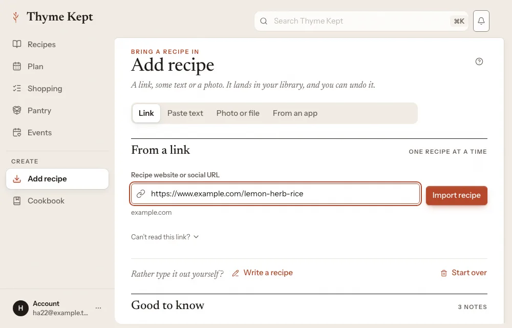 The Add recipe page with a recipe link pasted into the link field