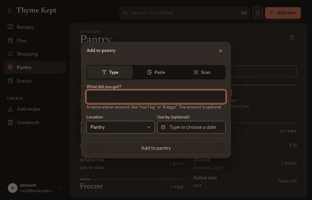 The Add to pantry sheet, with Type, Paste and Scan