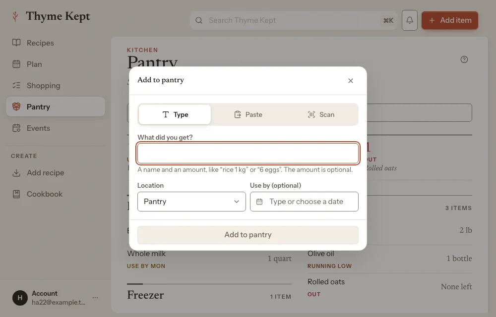 The Add to pantry sheet, with Type, Paste and Scan
