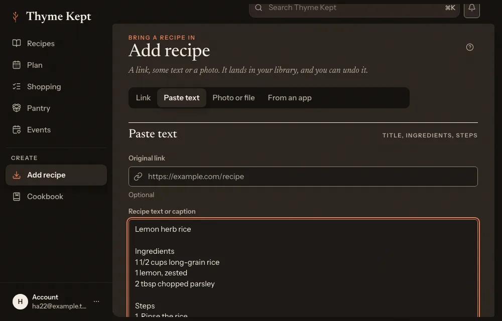 The Paste text tab with a recipe pasted in