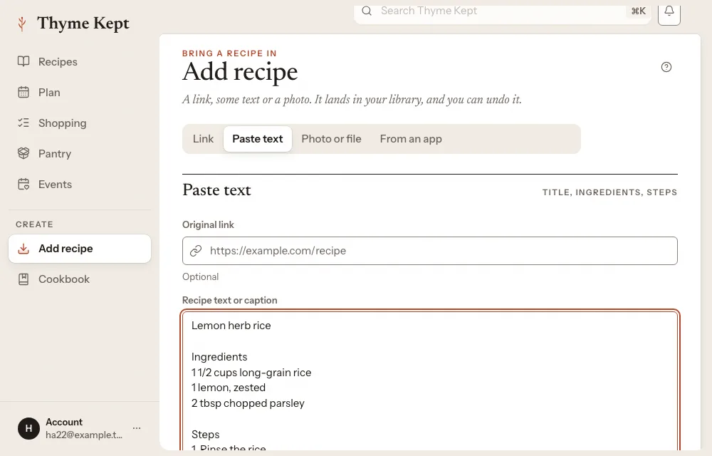 The Paste text tab with a recipe pasted in