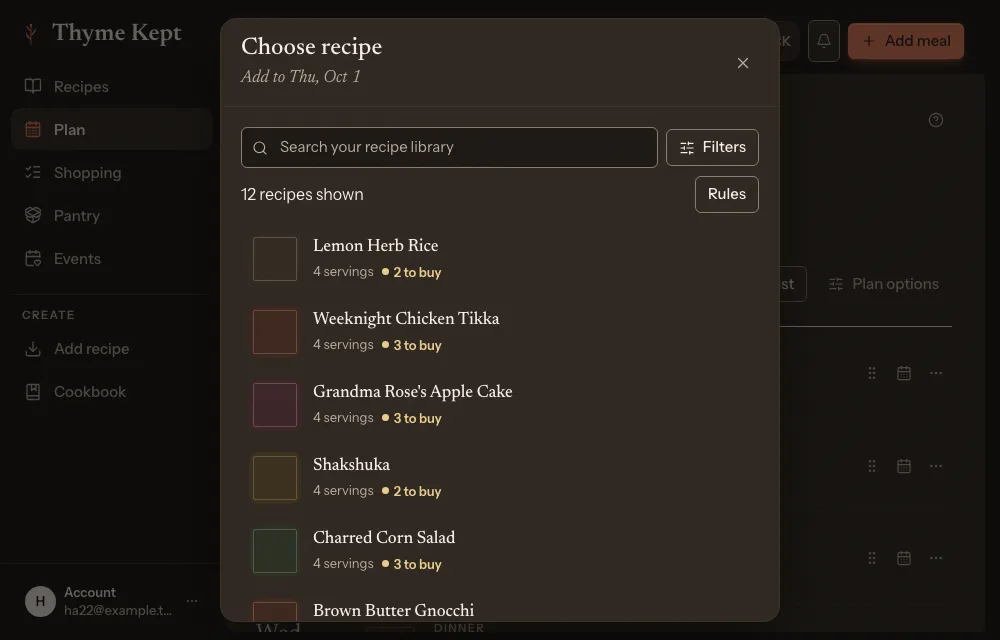 The Choose recipe list opened for a day