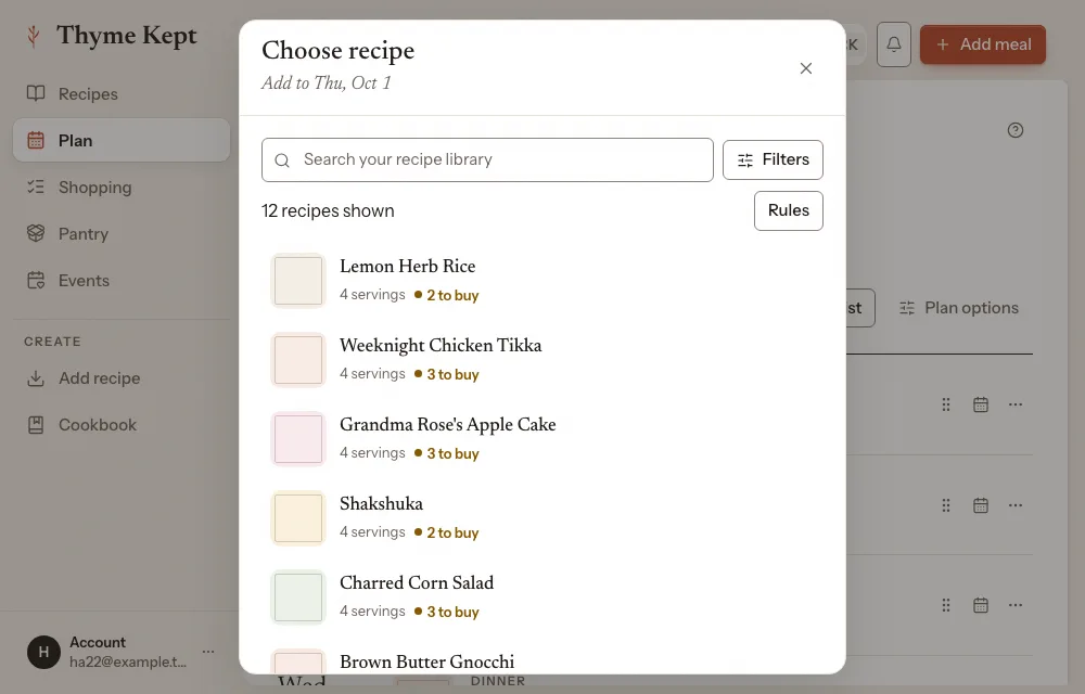 The Choose recipe list opened for a day
