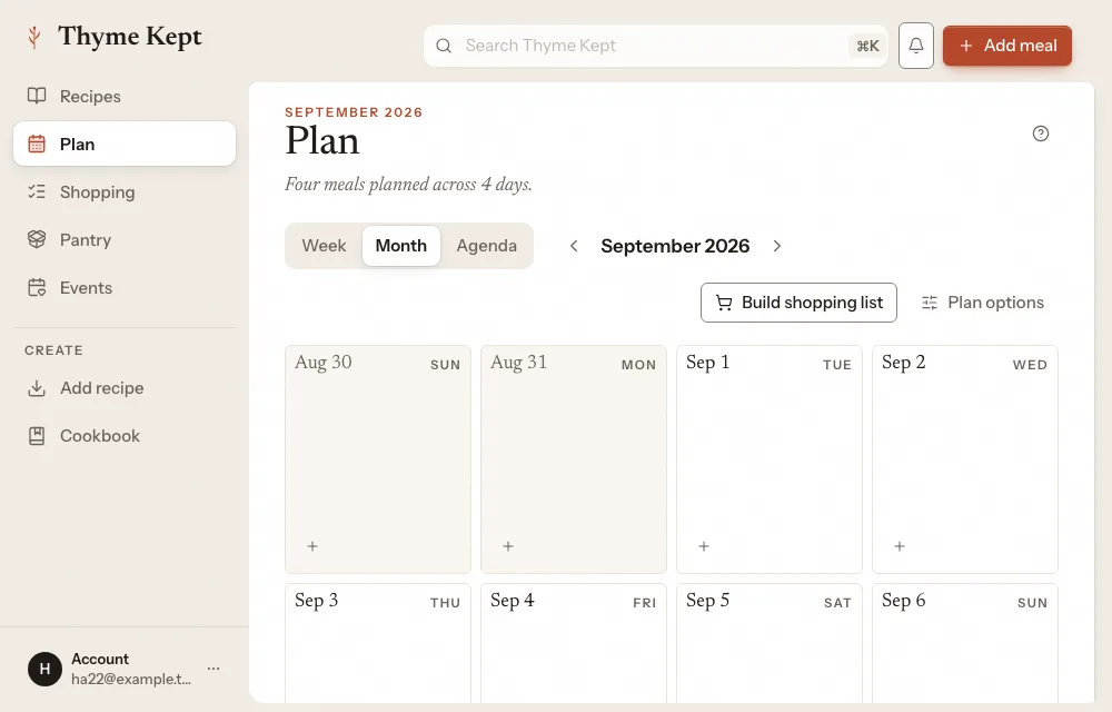 The month view of the plan