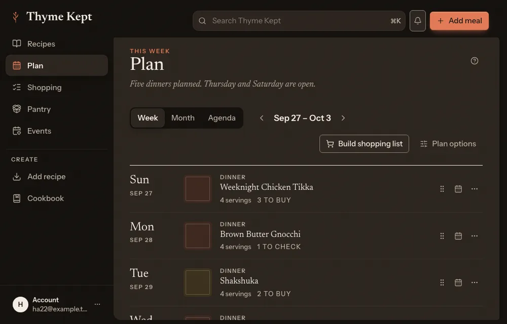 The week plan, with a meal on most days
