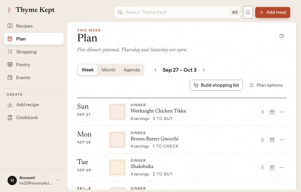 The week plan, with a meal on most days