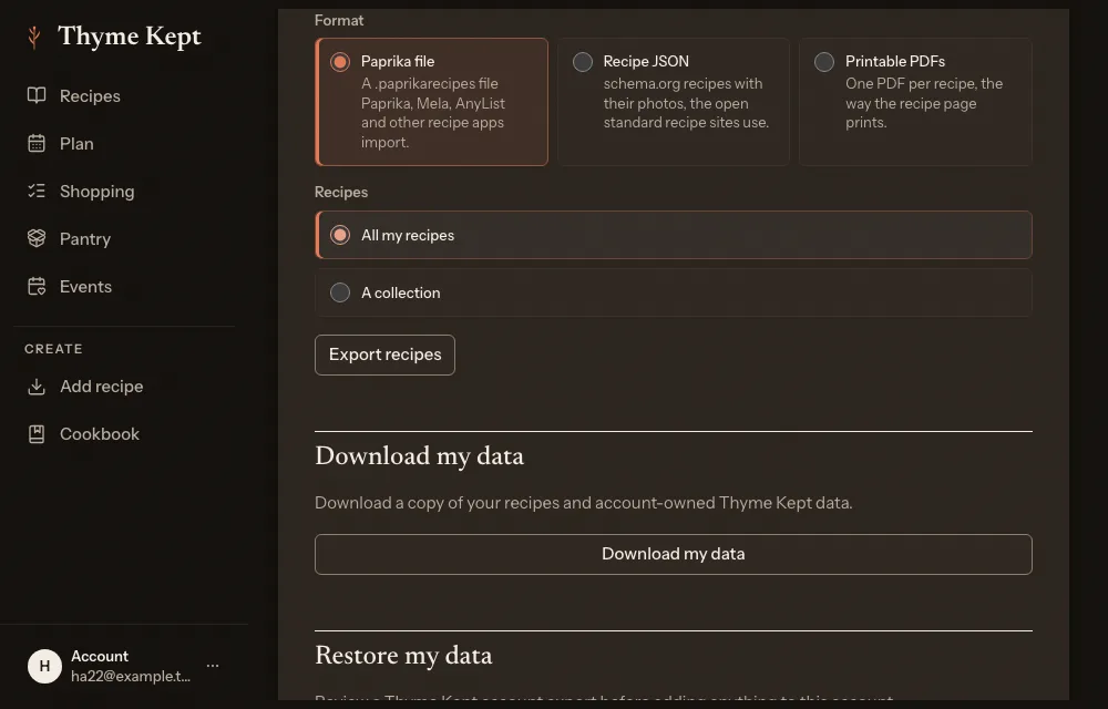 The Export recipes section of Privacy and data