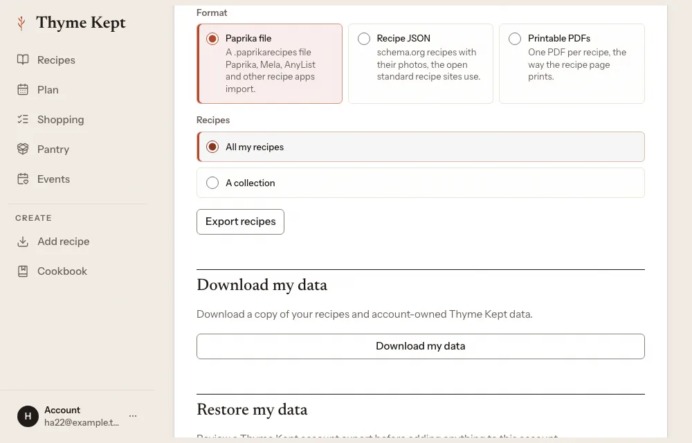 The Export recipes section of Privacy and data