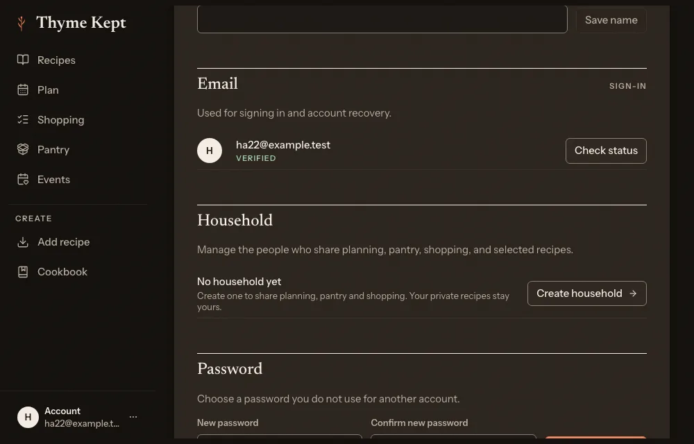 The Account settings, with the Household row
