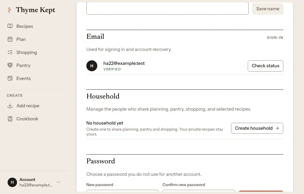 The Account settings, with the Household row