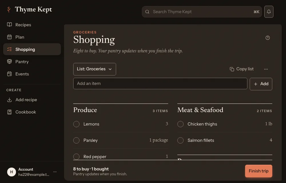 The shopping list, with items under their aisles