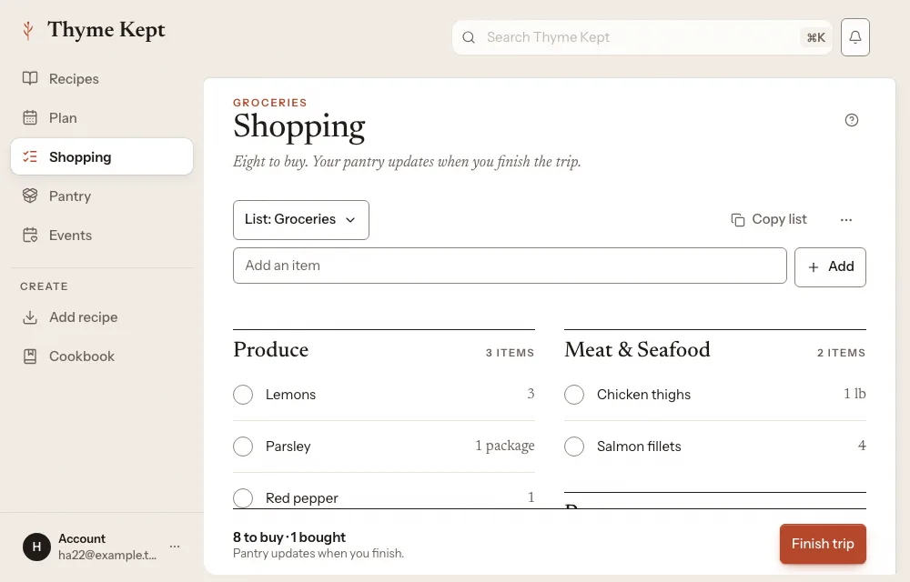 The shopping list, with items under their aisles