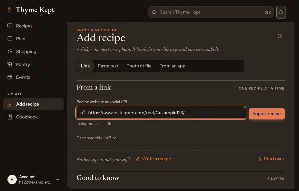 The Add recipe page with an Instagram link pasted into the link field