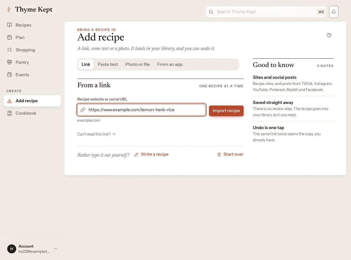 Adding a recipe from a link, pasted text, a photo or another app