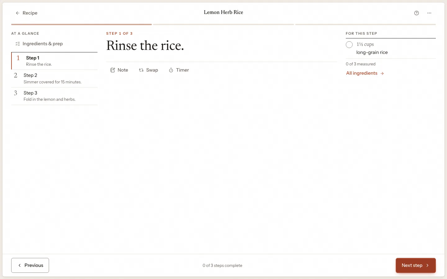Cook Mode showing a recipe step with its ingredients