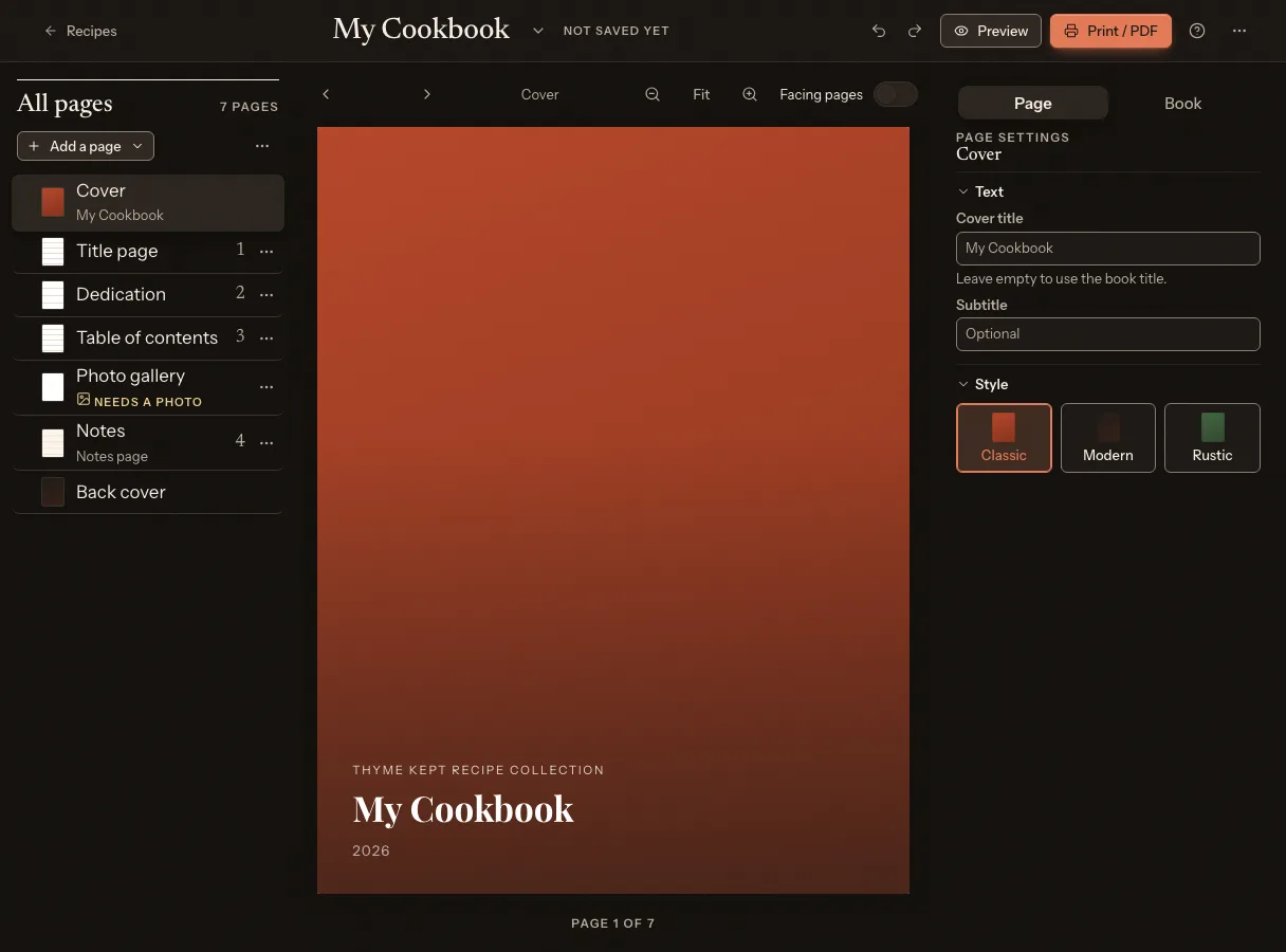 The cookbook builder with page list, cover preview and settings