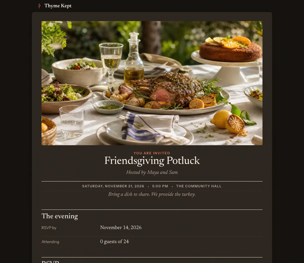 A shared event page with the menu and RSVP