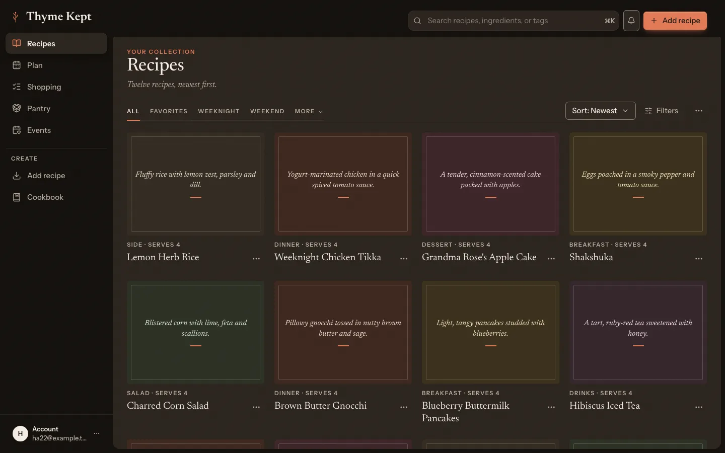 The Thyme Kept recipe library with recipes in a grid