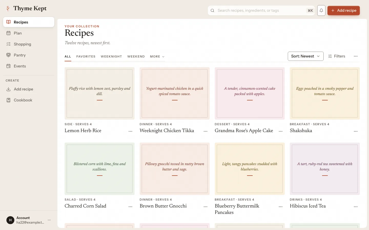 The Thyme Kept recipe library with recipes in a grid