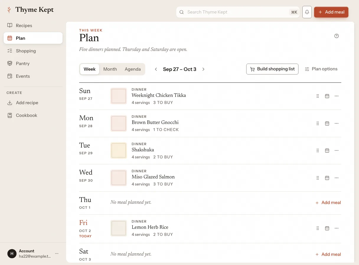A meal plan with dinners on each day of the week